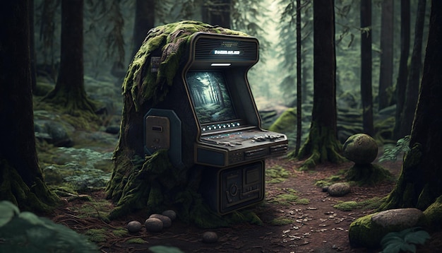 Una macchina da gioco arcade abbandonata nella foresta IA generativa