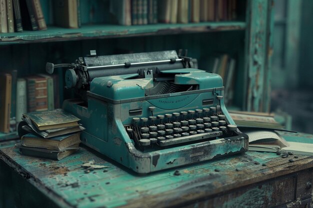 Una macchina da scrivere d'epoca su una scrivania usurata circondata