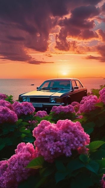 Una macchina è parcheggiata in un campo di fiori con il sole che tramonta dietro di essa.