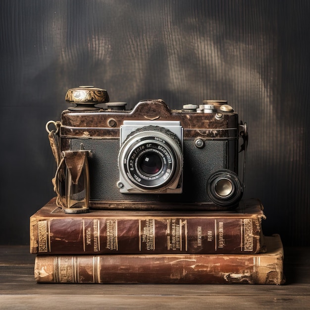 Una macchina fotografica d'epoca messa su vecchi libri.