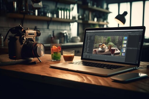 una macchina fotografica è su un tavolo accanto a una macchina fotografica e un bicchiere di succo.