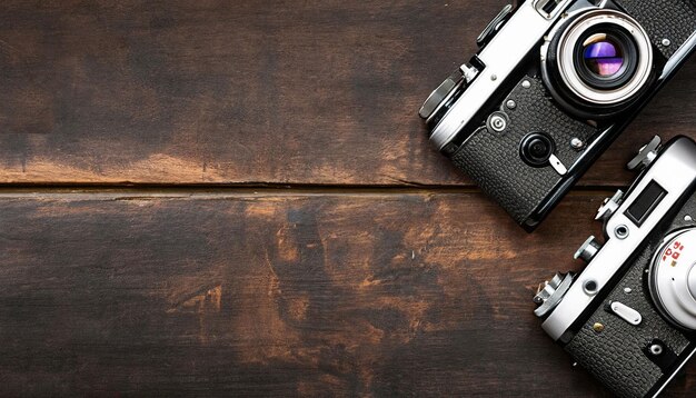 Una macchina fotografica e una macchina fotografica su un tavolo di legno