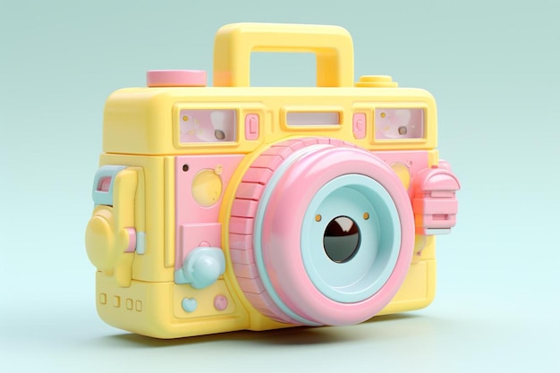 una macchina fotografica gialla e rosa con una lente sopra