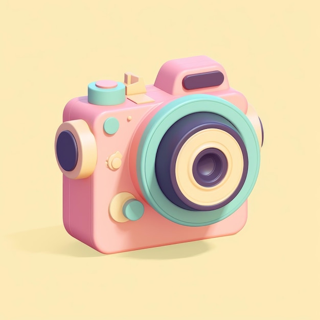 Una macchina fotografica rosa con uno sfondo giallo