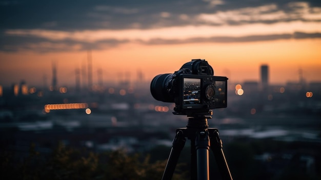 Una macchina fotografica su un treppiede con il sole che tramonta dietro di essa