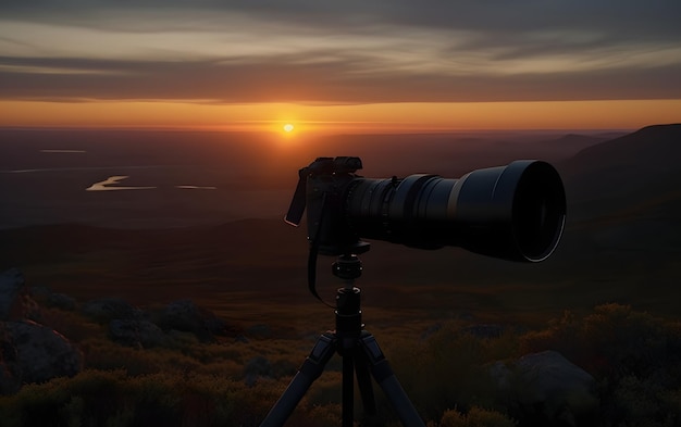 Una macchina fotografica su un treppiede con il sole che tramonta dietro di essa