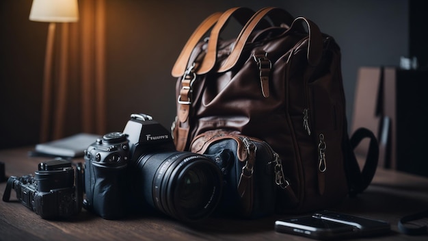 Una macchina fotografica, una macchina fotografica, una macchina fotografica e una borsa su un tavolo.