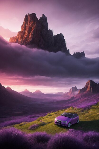 una macchina viola parcheggiata su una collina erbosa con le montagne sullo sfondo