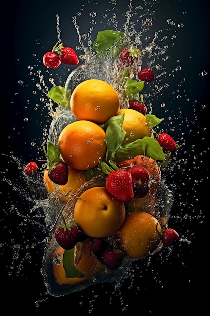 Una macedonia di frutta con spruzzi d'acqua intorno
