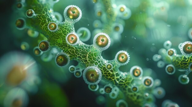 Una macro-colonia di cellule di Chlorella realistica Energia verde Biodiesel integratore alimentare Clorofilla fonte di salute Ecologia piante verdi Alge marine batteri illustrazione moderna