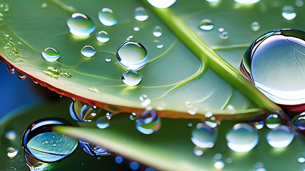 una macro foglia con gocce d'acqua