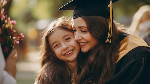 Una madre afroamericana di pelle scura felice che abbraccia sua figlia studentessa in un berretto di laurea.