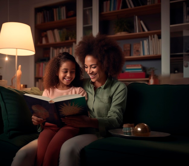 Una madre amorevole legge un libro a sua figlia accovacciata nel confortevole salotto Amore della lettura