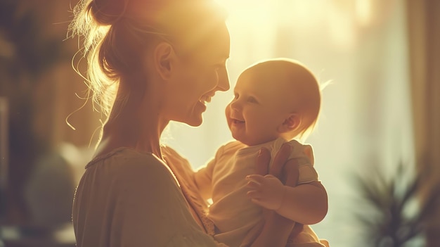 Una madre che allatta alleva il suo bambino accanto a una finestra con i raggi del sole e l'intelligenza artificiale generativa