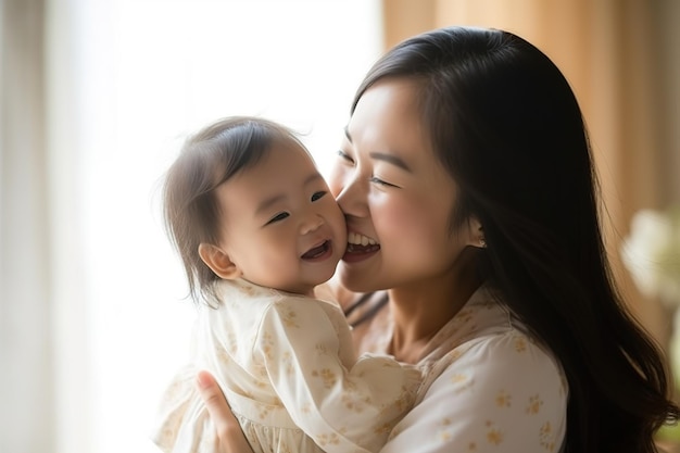 Una madre che tiene in braccio il suo bambino e sorride alla telecamera.