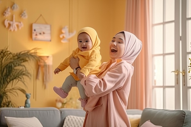 Una madre che tiene in braccio il suo bambino la madre indossa un hijab