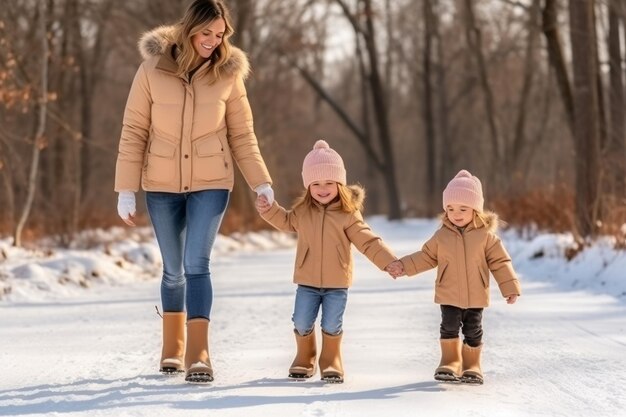 Una madre che tiene per mano due figlie passeggia attraverso un parco invernale coperto di neve