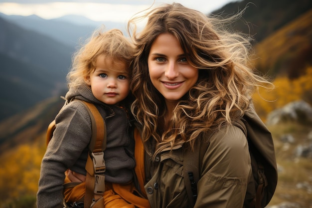 Una madre con un bambino attraverso le montagne uno stile di vita attivo