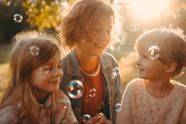 Una madre e due bambini giocano con le bolle al sole