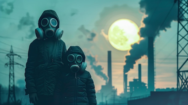 Una madre e i suoi figli indossano maschere per proteggersi dall'inquinamento atmosferico Generative Ai