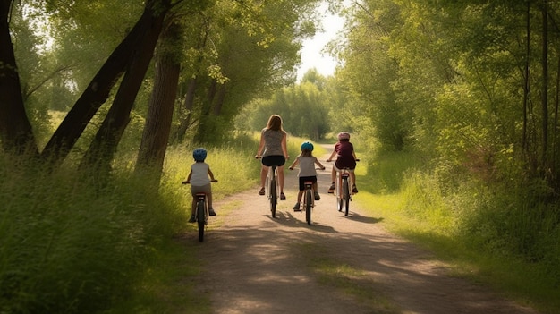 Una madre e i suoi figli vanno in bici su un sentiero nel bosco.