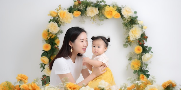 Una madre e il suo bambino sono seduti in una cornice di fiori.