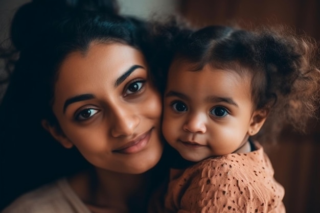 Una madre e il suo bambino sorridono e si abbracciano.