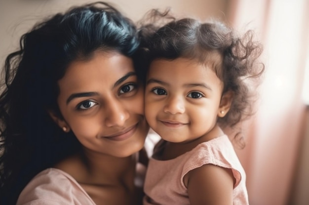 Una madre e sua figlia sorridono e guardano la telecamera.