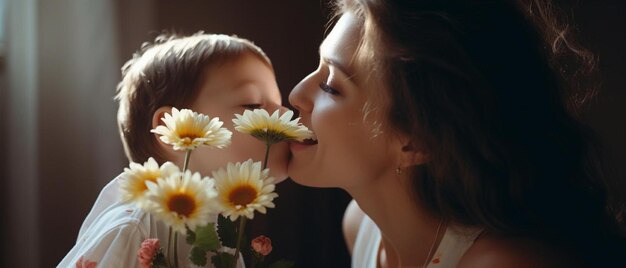 una madre e suo figlio si baciano e la parola amore è sul viso