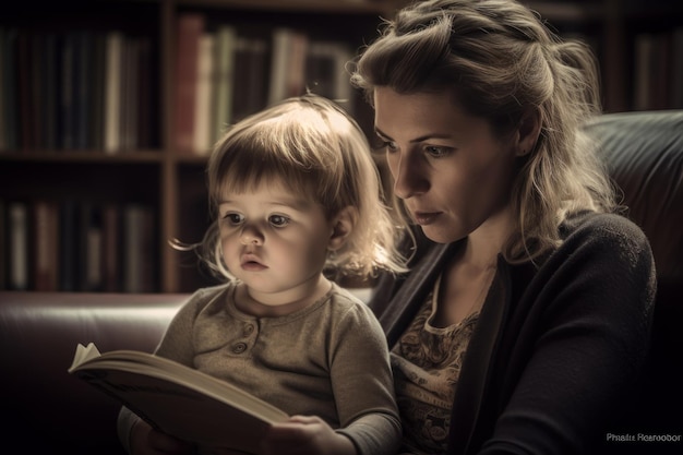 Una madre e un bambino leggono un libro insieme.