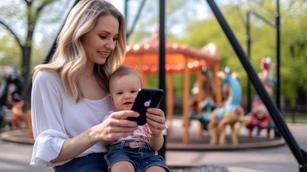 Una madre e un bambino si siedono su un'altalena e guardano il telefono.