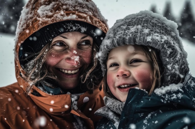 Una madre e un bambino sorridono nella neve
