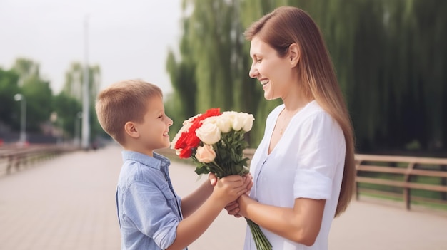 Una madre e un figlio si scambiano dei fiori.