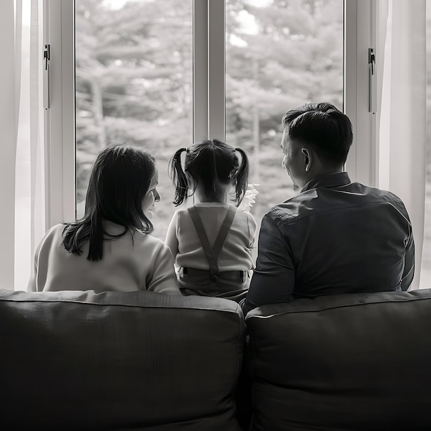 Una madre e un padre e la loro figlia sono seduti su un divano