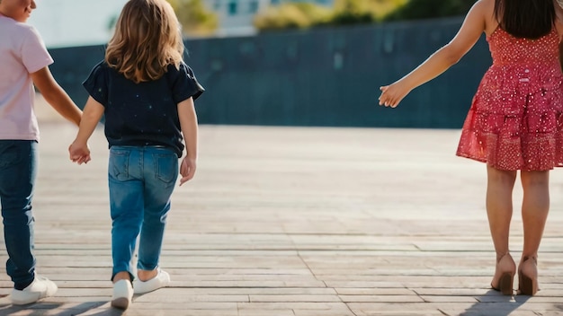 una madre e una figlia camminano su una passerella il bambino indossa una camicia nera