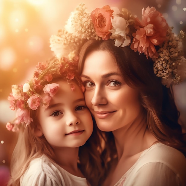 Una madre e una figlia che indossano fiori in testa stanno di fronte a uno sfondo luminoso.
