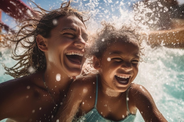 Una madre e una figlia che nuotano in piscina con le parole divertimento in famiglia nell'acqua.