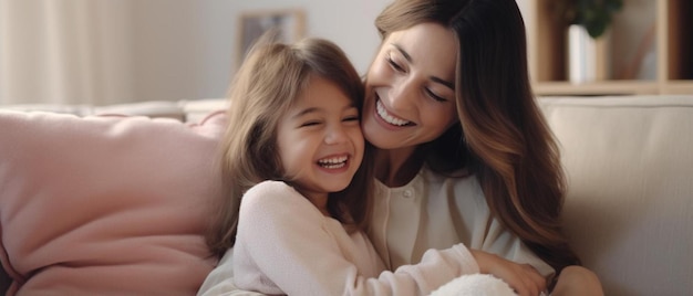 una madre e una figlia che sorridono e ridono su un letto