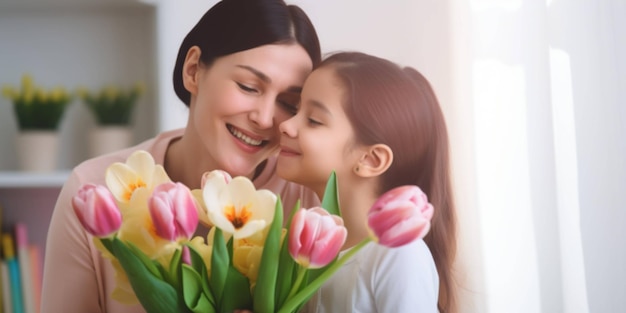 Una madre e una figlia che tengono i fiori in una cucina