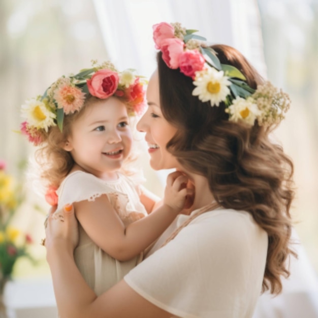 Una madre e una figlia con i fiori in testa stanno davanti alla finestra felice festa della mamma mamma a