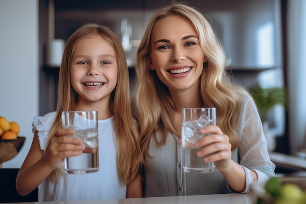 Una madre e una figlia condividono un bicchiere d'acqua