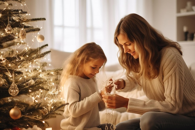 Una madre e una figlia decorano un albero di Natale Festeggiano il Natale e il Capodanno