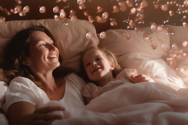 Una madre e una figlia giacciono a letto con le bolle che fluttuano nell'aria.