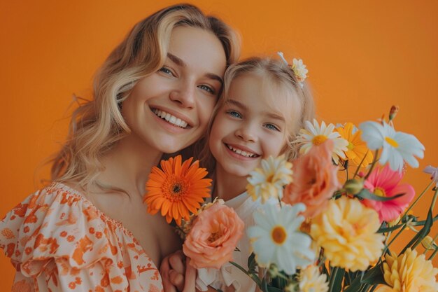 una madre e una figlia posano con dei fiori