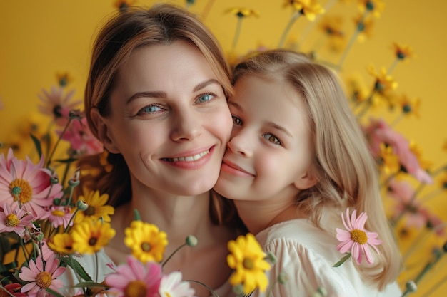 una madre e una figlia posano per una foto con uno sfondo giallo