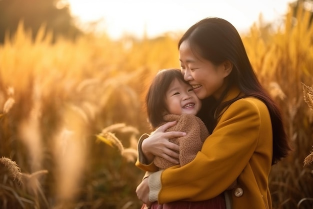 Una madre e una figlia si abbracciano in un campo di grano dorato.