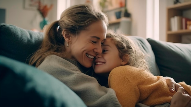 Una madre e una figlia si siedono su un divano, sorridendo e abbracciandosi.