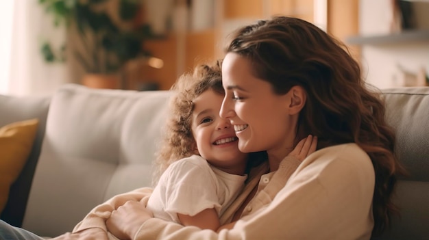 Una madre e una figlia si siedono su un divano, sorridendo e abbracciandosi.