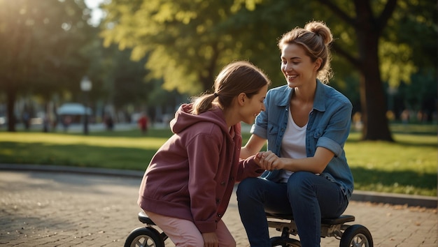 una madre e una figlia sono sedute su un triciclo e sono entrambe sorridenti e a ridere