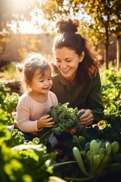 una madre e una figlia sorridono e tengono delle verdure in giardino